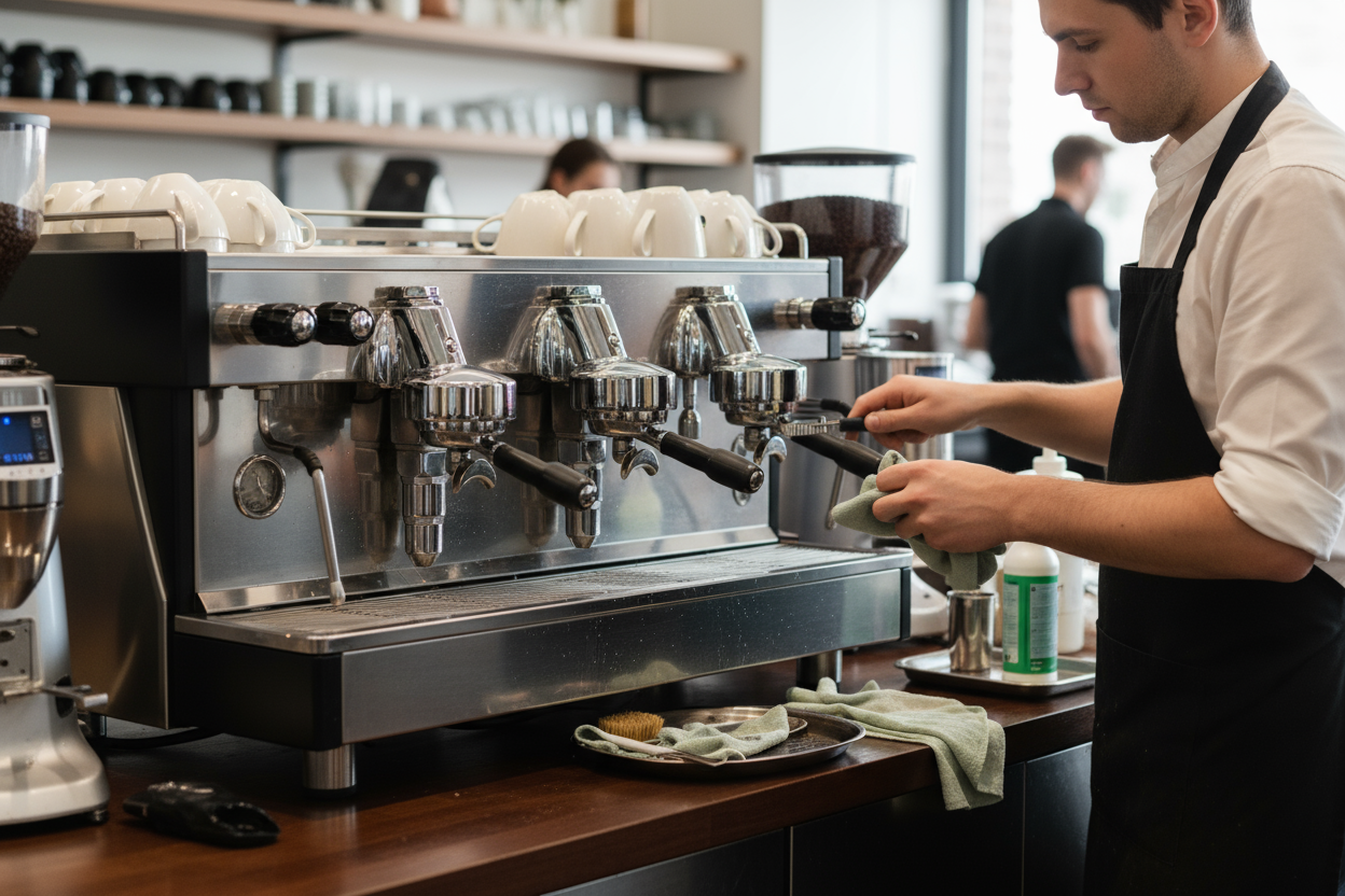 Quero uma imagem de uma maquina de café de 4 grupos sendo limpada. a imagem precisa ser na vertical